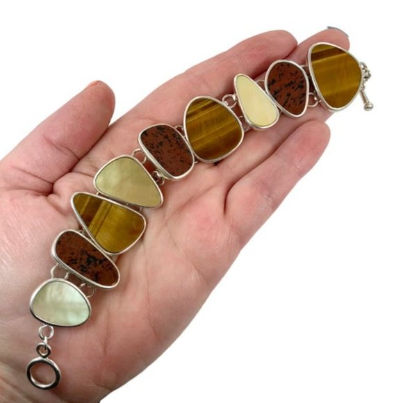 Stone Bracelet, Sterling Silver, Tiger Eye, Red, Jasper, MOP, Pearl, Vintage - Picture 4 of 6